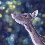 Deer in soft pastel looking up into the light of a forest